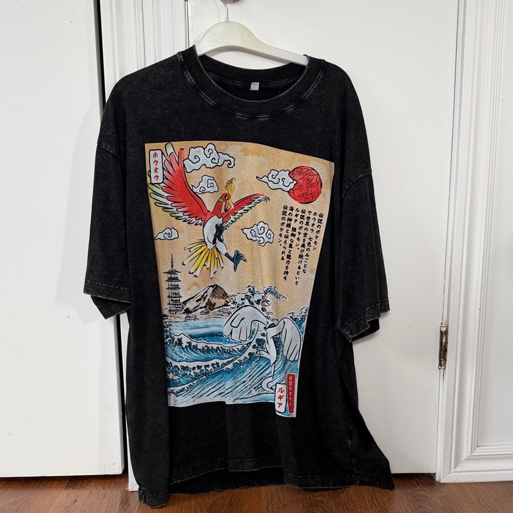 Pokémon lugia & ho-oh Men's Black Graphic T-Shirt with Colorful Japanese Wave